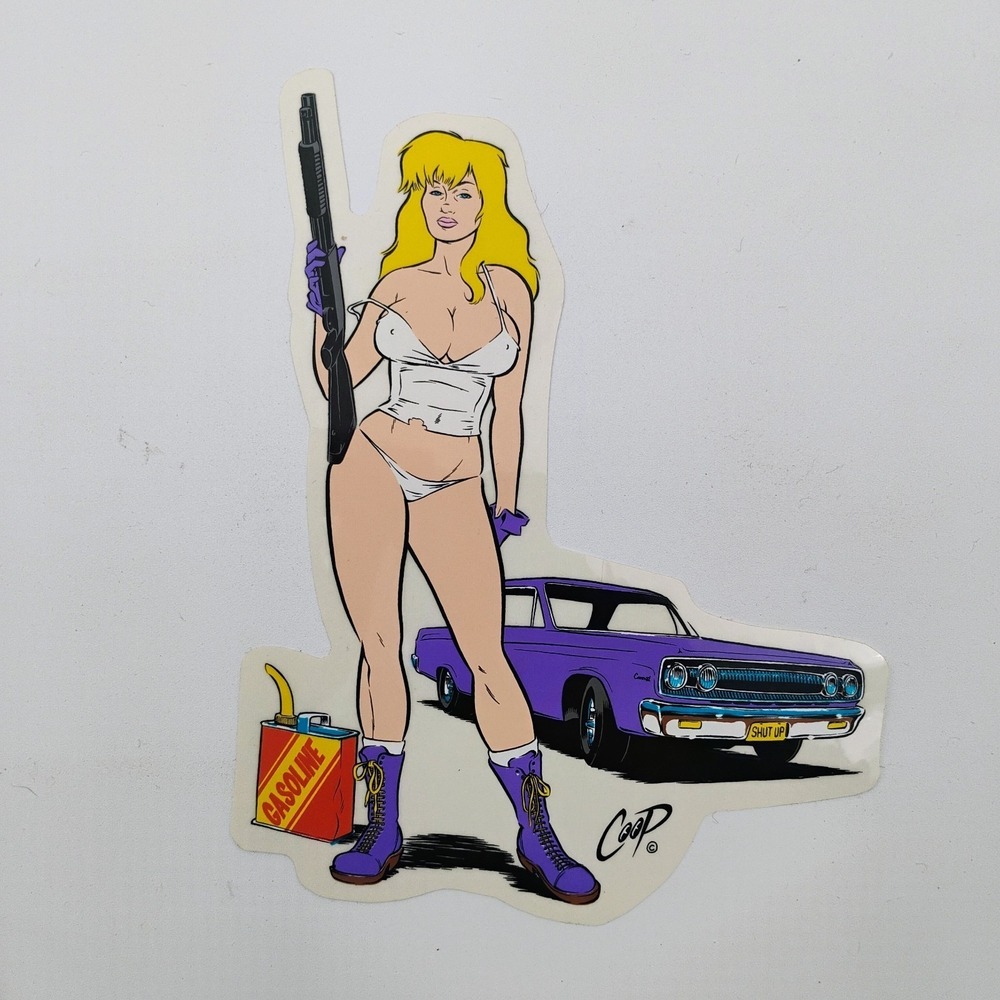 Coop Art Blonde Pinup Girl Shotgun Purple Car Gas Can Sticker Hot Rod VTG 2000's